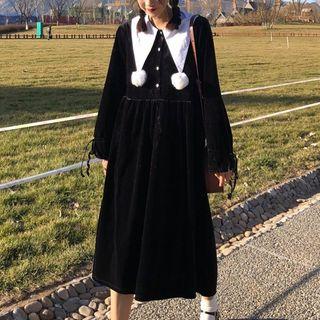 Pom Pom Collar Long-sleeve Midi Shirt Dress Black - One Size