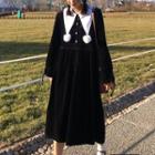 Pom Pom Collar Long-sleeve Midi Shirt Dress Black - One Size