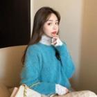 Long-sleeve Mock-neck Lace Top / Sweater / Midi A-line Lace Skirt