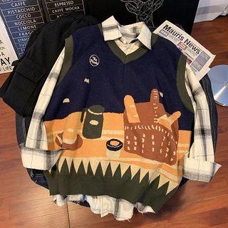 V-neck Bread Print Knit Vest