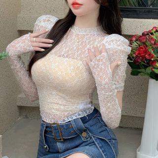 Set: Short-sleeve Lace Top + Arm Sleeves Set Of 2 - Top & Arm Sleeves - White - One Size