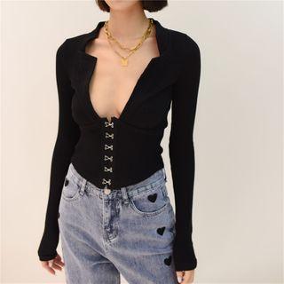 Mock-neck Deep V Plain Top