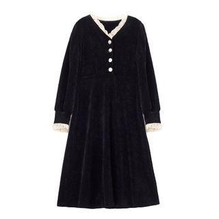 Long-sleeve Lace Trim Corduroy Midi A-line Dress