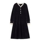 Long-sleeve Lace Trim Corduroy Midi A-line Dress