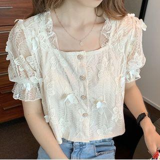 Short-sleeve Square Collar Lace Crop Top As The Picture Shows - One Size