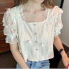 Short-sleeve Square Collar Lace Crop Top As The Picture Shows - One Size