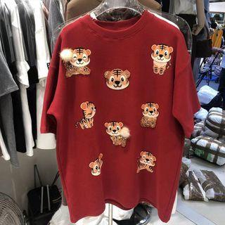 Long-sleeve Tiger Print Embellished T-shirt