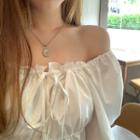 3/4-sleeve Frill Trim Crinkled Top White - One Size