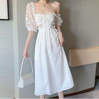 Puff-sleeve Eyelet Lace Frill Trim Midi A-line Dress