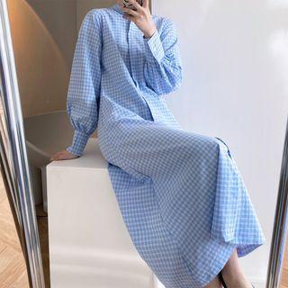 Bishop-sleeve Check Midi A-line Shirtdress