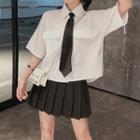 Tie Neck Short-sleeve Shirt / Pleated Skirt / Set