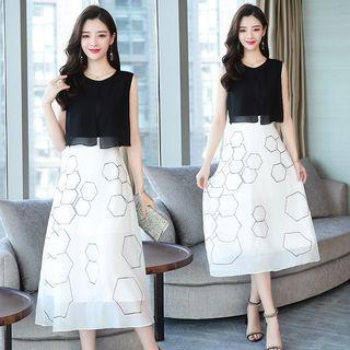 Sleeveless Mesh Panel Printed Midi A-line Dress