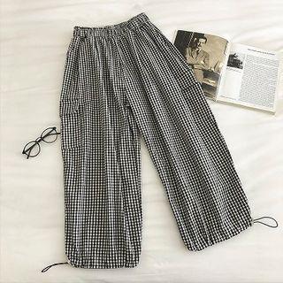 Color-block Plaid High-waist Cargo Pants Black - One Size
