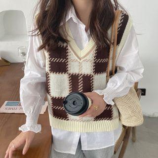 Set : Plaid Vest + Long-sleeve Shirt