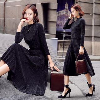 Set: Glitter Long-sleeve Knit Top + Midi Glitter Accordion Pleat Knit Skirt