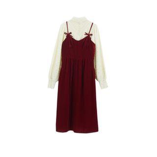 Mock Neck Lace Top / Spaghetti Strap Midi A-line Dress