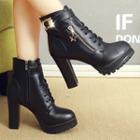 Faux Leather Chunky-heel Lace-up Ankle Boots
