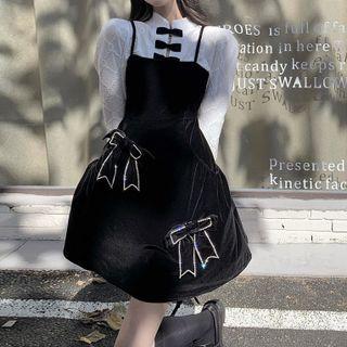 Eyelet Blouse / Spaghetti Strap Bow Velvet Dress