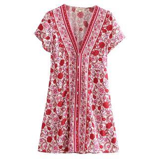 V-neck Short-sleeve Floral Print A-line Dress