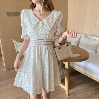 Short Sleeve Peter Pan Collar Embroidered A-line Dress