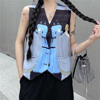Print Single-breasted Vest Black & Blue - One Size