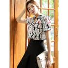 Open-placket Silky Patterned Blouse Ivory - One Size