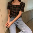 Plaid Short-sleeve Crop Top As Shown In Figure - One Size
