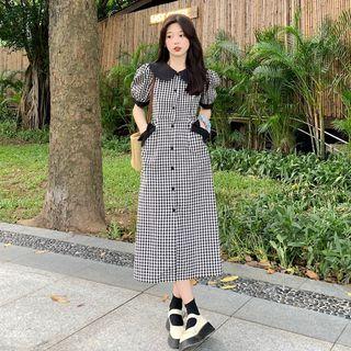 Puff-sleeve Collar Gingham Midi Sheath Dress