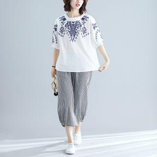 Set: Elbow-sleeve Embroidered Tunic + Harem Pants