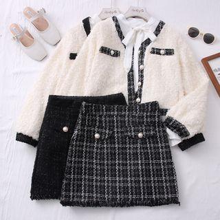 Set: Ribbon-neckline Plain Shirt + Contrasted Furry Jacket + Woolen Mini Skirt