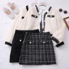 Set: Ribbon-neckline Plain Shirt + Contrasted Furry Jacket + Woolen Mini Skirt