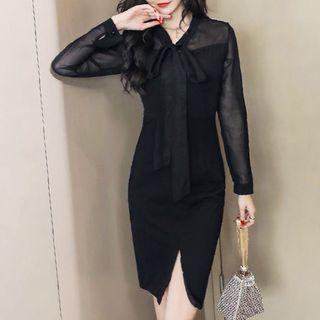 Long-sleeve Tie-neck Mesh Panel Sheath Dress