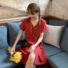 Heart Button Short-sleeve Dress Red - One Size