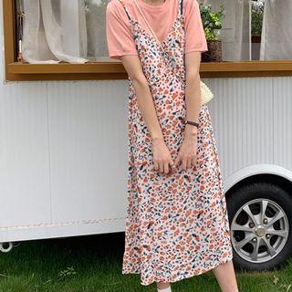 Short-sleeve Knit Top / Spaghetti Strap Midi Floral Dress