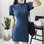 Short-sleeve Mock-neck Mini Sheath Knit Dress