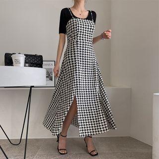 Houndstooth Long Pinafore Dress