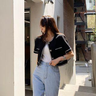 Collarless Piped Cropped Jacket