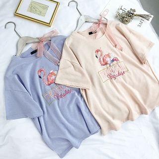 Flamingo Embroidered Lace-up Short-sleeve Top