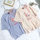 Flamingo Embroidered Lace-up Short-sleeve Top