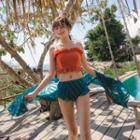 Set: Frill Trim Bikini Top + Bottom + Striped Shawl