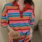 Short-sleeve Striped Polo Collar T-shirt Rainbow - One Size