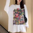 Elbow-sleeve Crew-neck Loose-fit Print T-shirt
