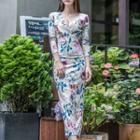 Long-sleeve Floral Print Midi Sheath Dress