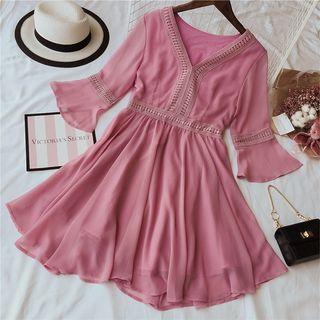 Crochet Trim Elbow Sleeve Chiffon Dress