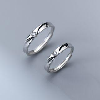 Set Of 2: Couple Matching Rhinestone Sterling Silver Open Ring S925 Silver - Open Ring - Silver - One Size