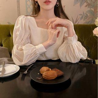 Puff-sleeve Square-neck Blouse Almond - One Size