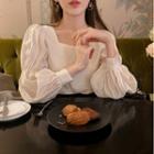 Puff-sleeve Square-neck Blouse Almond - One Size
