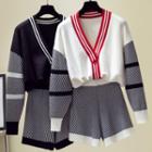 Set: V-neck Striped Cardigan + Knit Shorts
