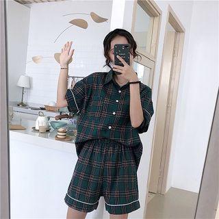 Set:color-block Plaid Short-sleeve Top + High-waist Shorts