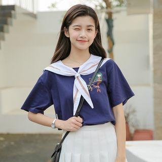 Short-sleeve Sailor Collar Mermaid Print T-shirt
